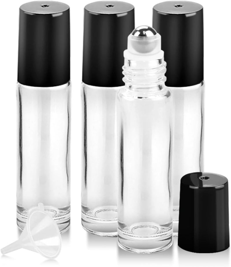 Worldgsb 4 Pack Essential Oil Roller Bottles, 10ml Refillable Clear Glass Roller Bottles with Stainless Steel Roller Balls and Caps for Travel, Perfume and Lip Gloss - Image 1